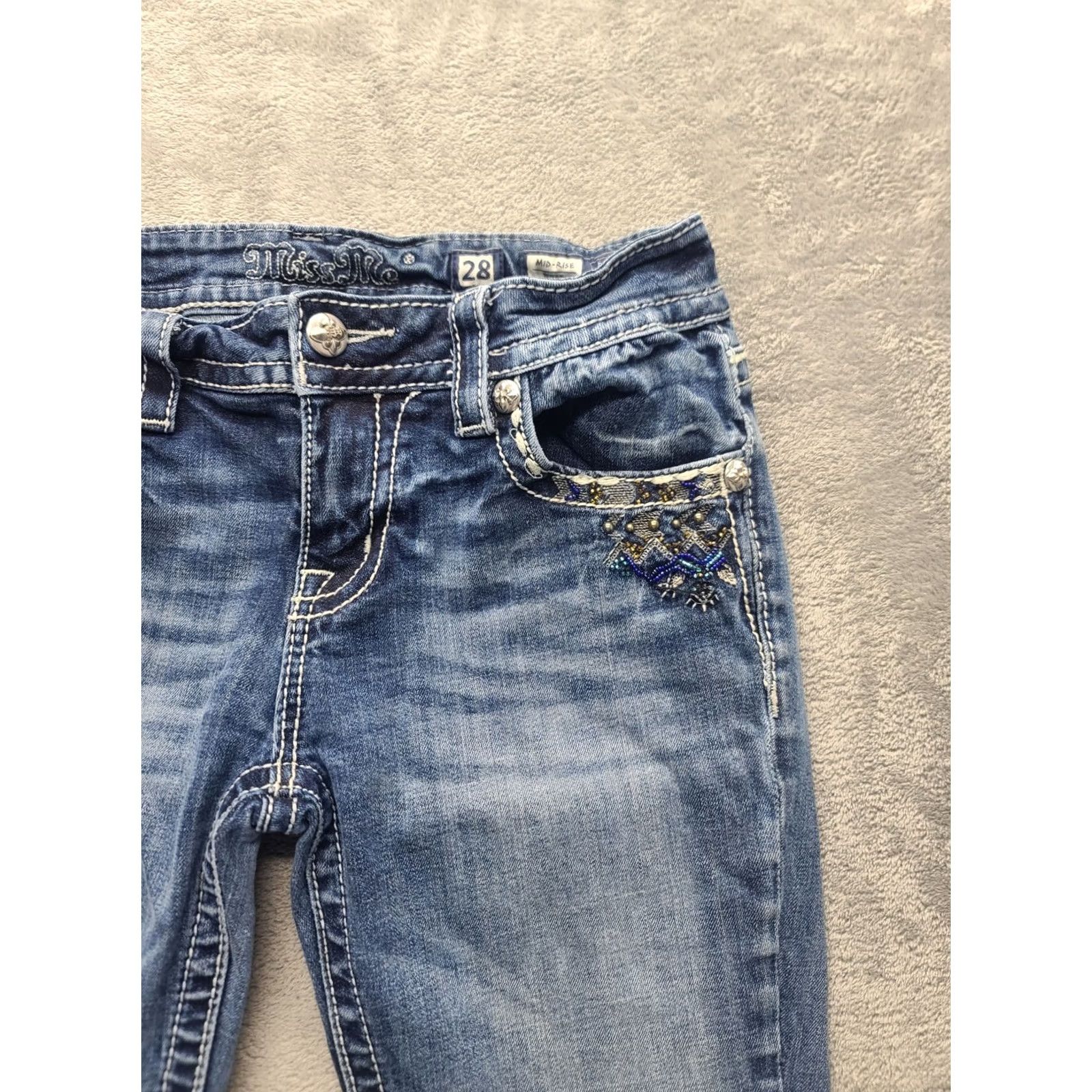 Miss Me Miss Me Jeans Womens 28x32 Regular Fit Boot Cut Mid Rise Aztec Distressed Denim Size 28" / US 6 / IT 42 - 5 Thumbnail