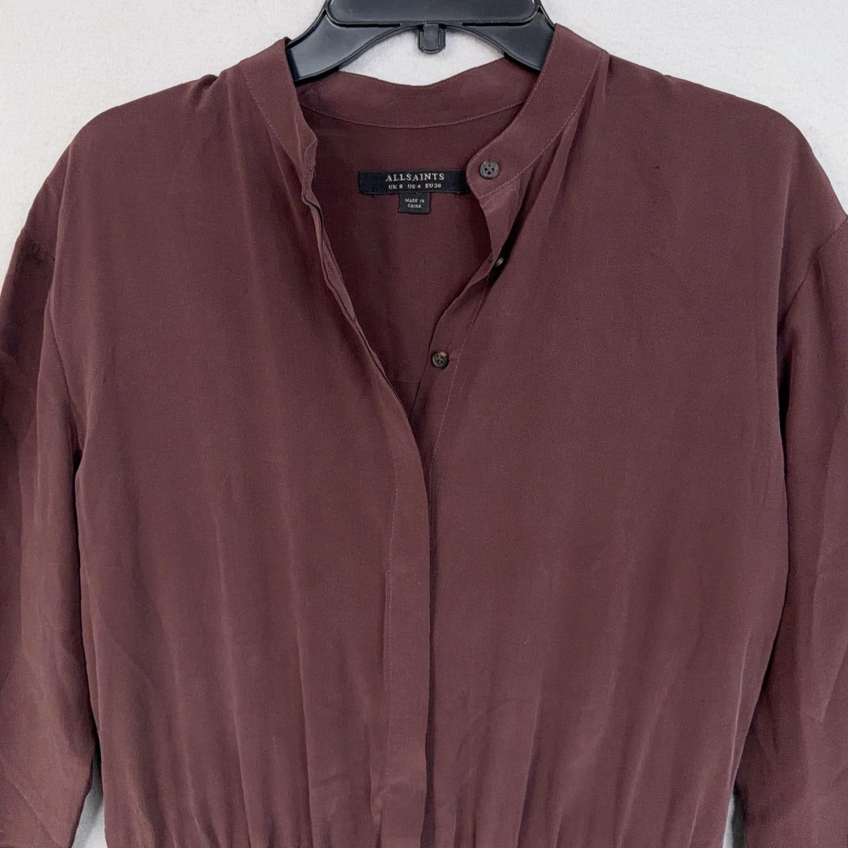 Allsaints AllSaints Dress Shirt Womens 4 Red Burgundy Silk Smocked Mini Button Front Collared Long Sleeve Casual Party/Cocktail Size S / US 4 / IT 40 - 2 Thumbnail