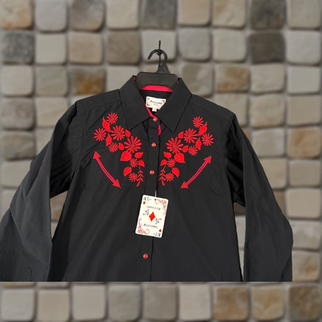 Vintage Ace of Diamond Western Shirt Womens L Black Floral Embroidered Pearl Snap NWT Size L / US 10 / IT 46 - 1 Thumbnail