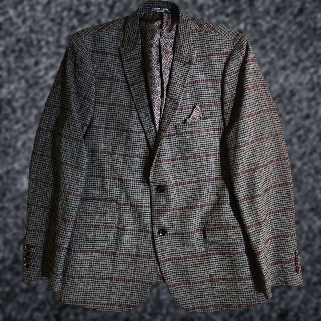 Vintage Paisley & Gray Blazer Slim Fit Gray & Maroon Check Plaid Two Button Men's 46 Reg Size 46R - 1 Thumbnail