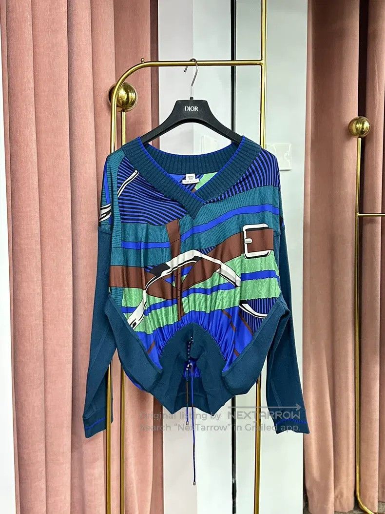 Hermes Hermes Blue Ruched Silk and Wool V-Neck Knit Top Size XXS / US 00 / IT 34 - 1 Thumbnail