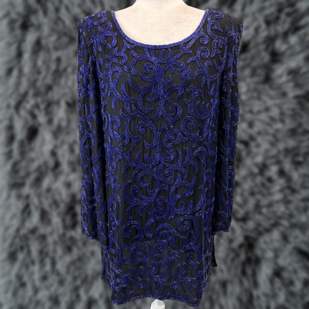 Vintage VINTAGE Niteline by Della Roufogali Silk Beaded Tunic Top 1990s Blue Large 1990s Eveningwear Mens/Womens? Size L / US 10 / IT 46 - 1 Thumbnail