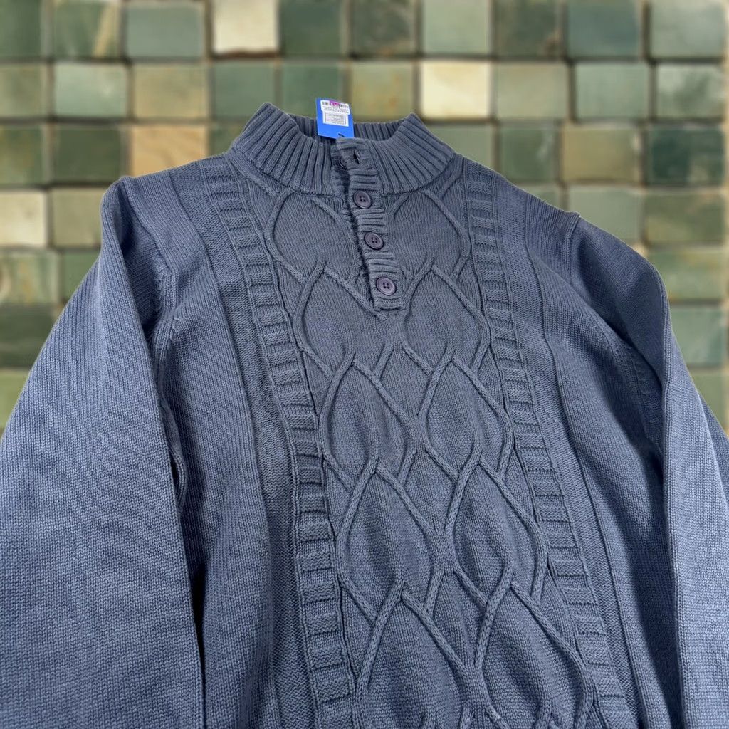 Vintage VINTAGE Gioberti Mens Sweater Knit Cable Mock Neck Three-Button Charcoal Gray L Pullover Shirt Size US L / EU 52-54 / 3 - 1 Thumbnail