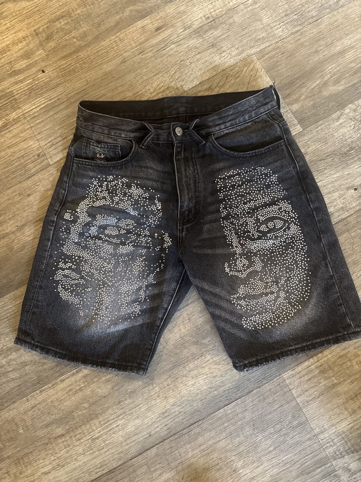 KidSuper RHINESTONE FACE SHORTS [WASHED BLACK] Size US 32 / EU 48 - 1 Thumbnail