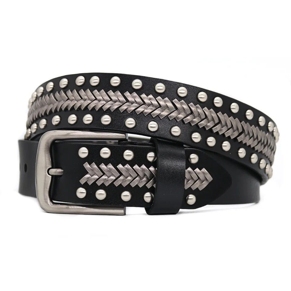 image of Rivet Studded Pu Leather Belt in Black, Men's