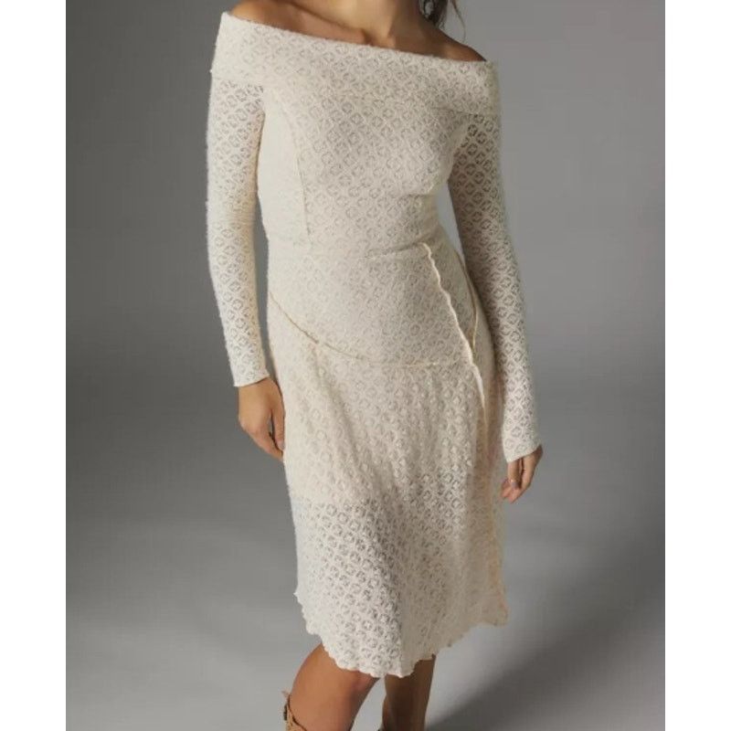 Other Yaya Asymmetrical Off-The-Shoulder Lace Midi Dress Long Sl Size S / US 4 / IT 40 - 2 Thumbnail