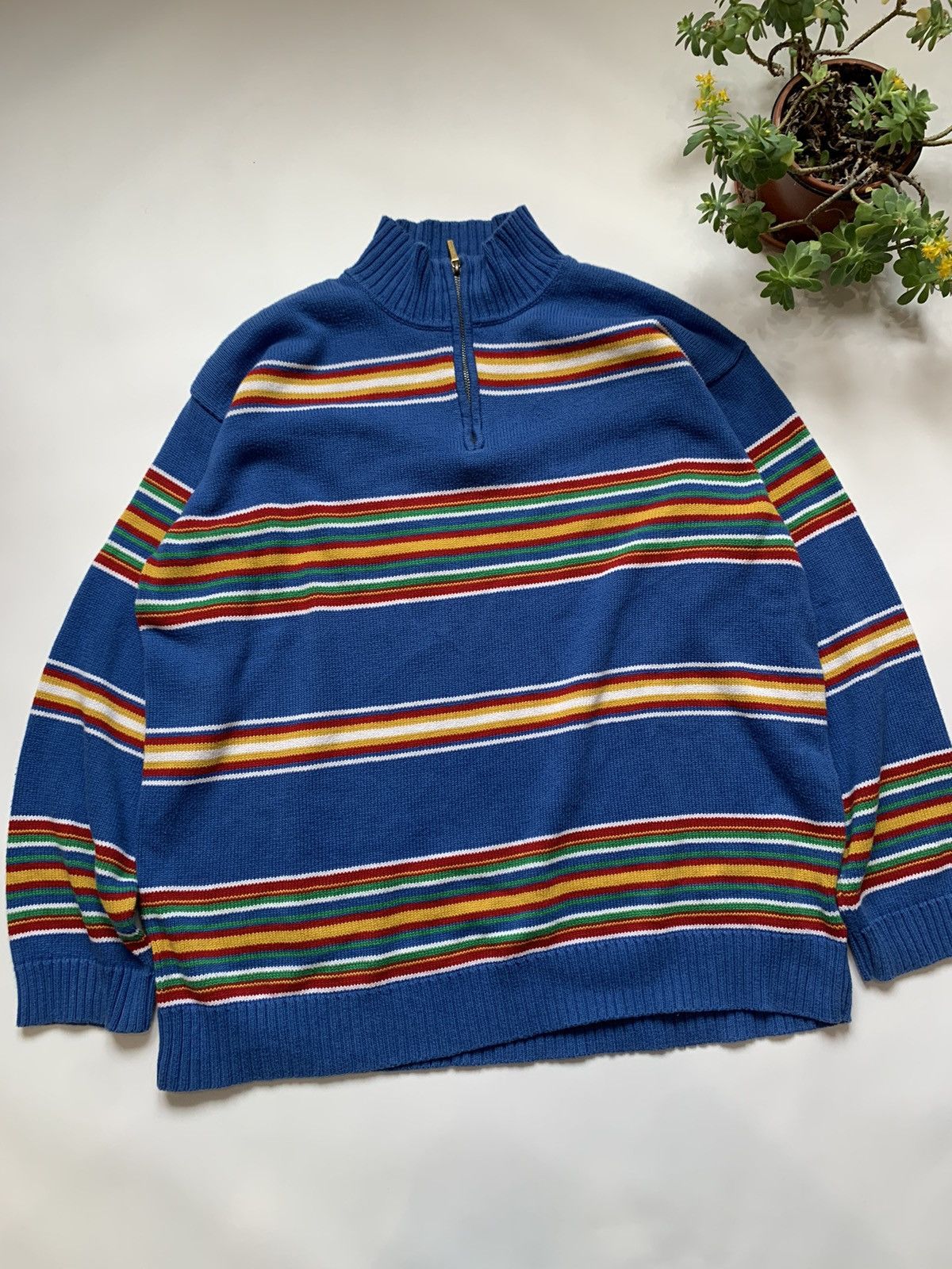 Pre-owned Polo Ralph Lauren X Vintage Polo Ralph Laurent 1/4 Zip Sweater Striped Blue