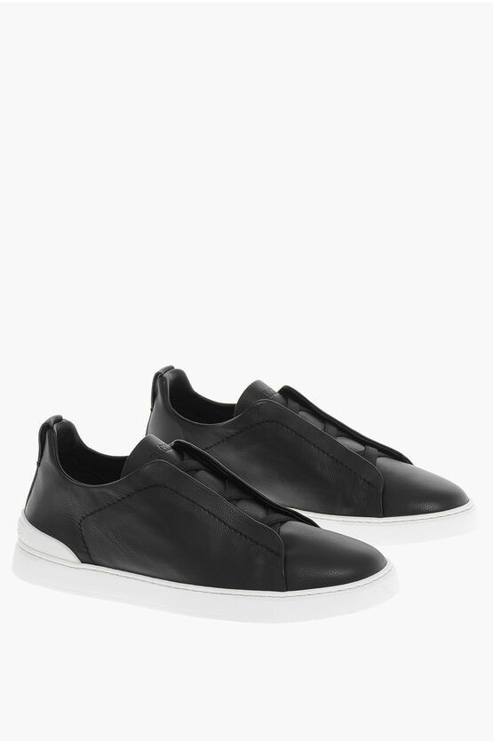 image of Ermenegildo Zegna Elastic Lace-Up Triple Stitch Leather Sneakers in Black, Men's (Size 7)