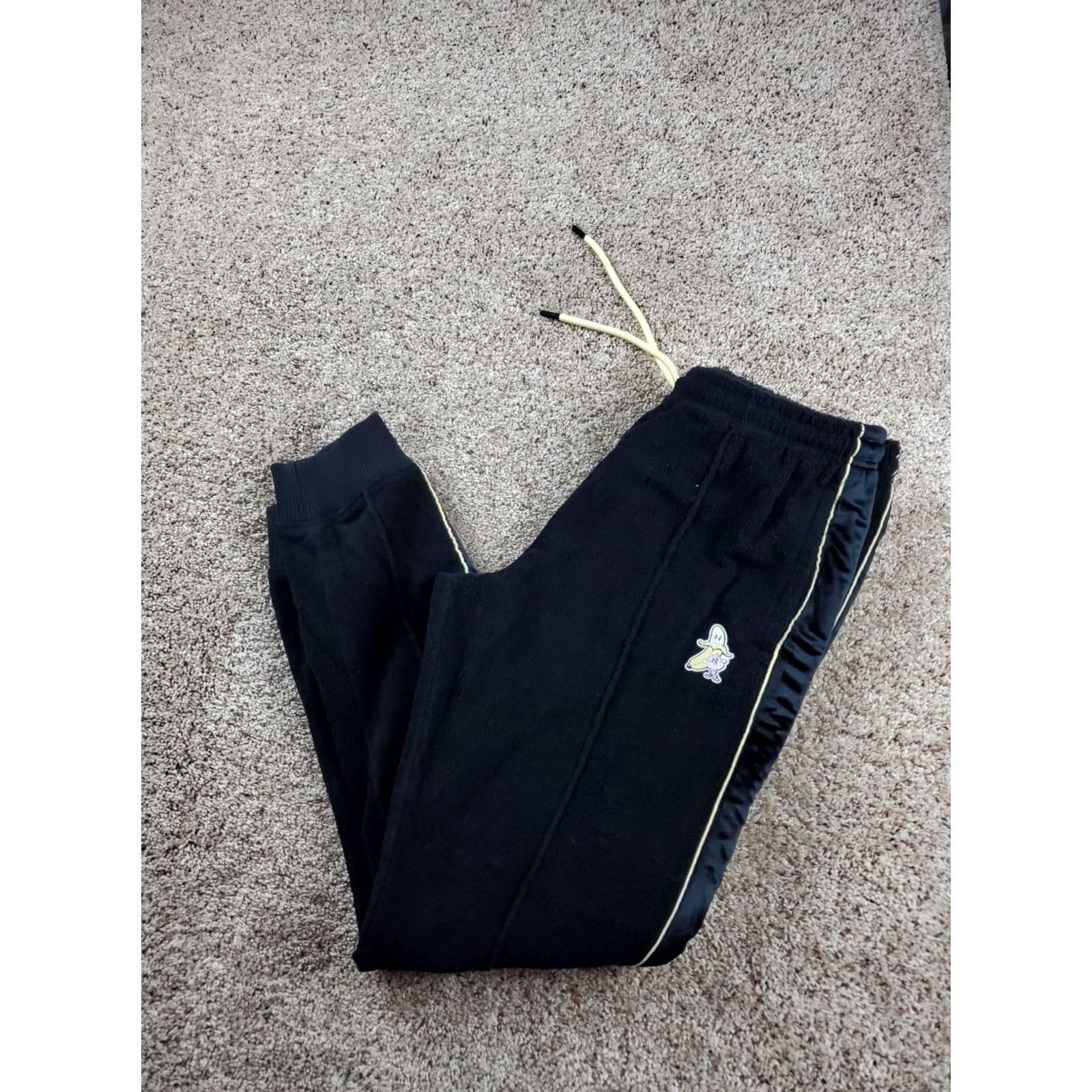 Vintage Bananas Monkey Joggers Large Mens Black Heavyweight Terry Pockets Tapered Satin? Size US 33 - 2 Thumbnail