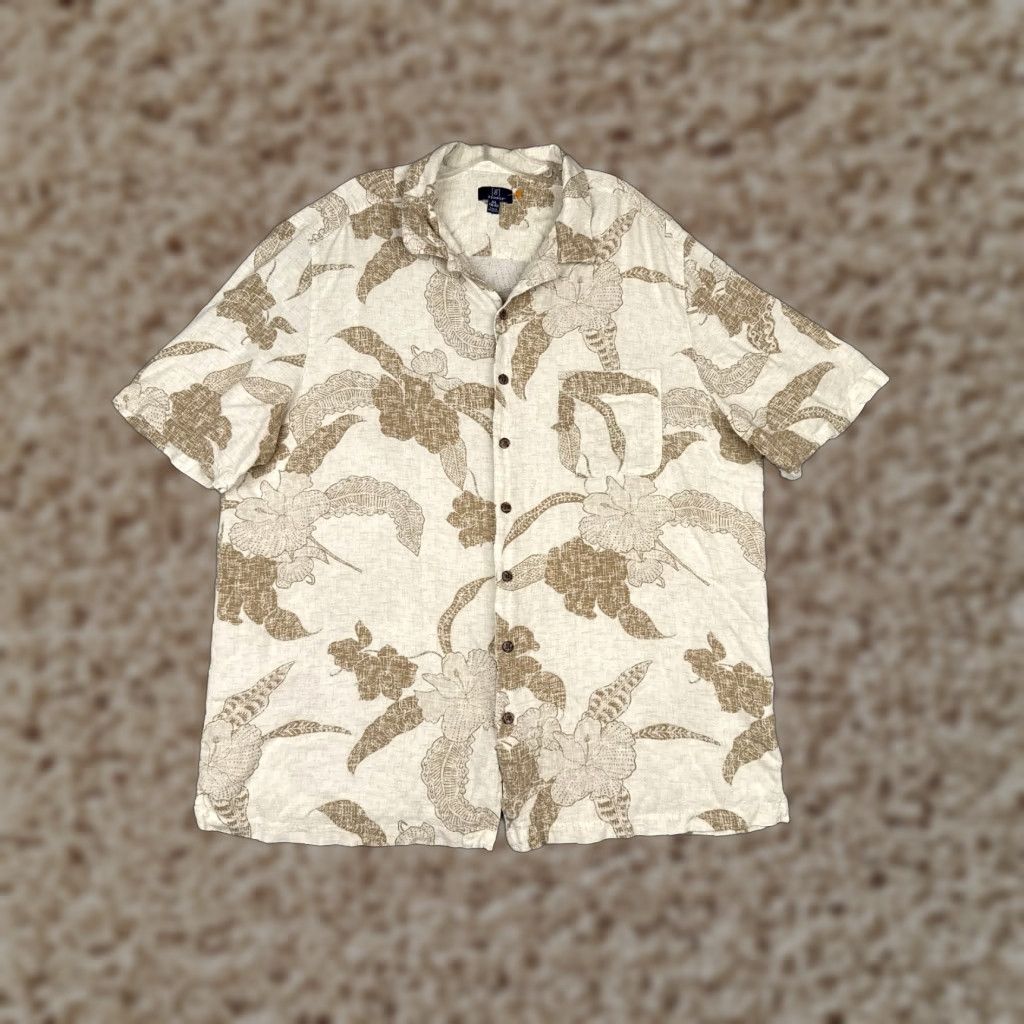 George George Shirt Men 2XL Beige White Floral Palm Leaf Hawaiian 100% Rayon Pocket Button-Up Floral Mens Size US XXL / EU 58 / 5 - 1 Thumbnail
