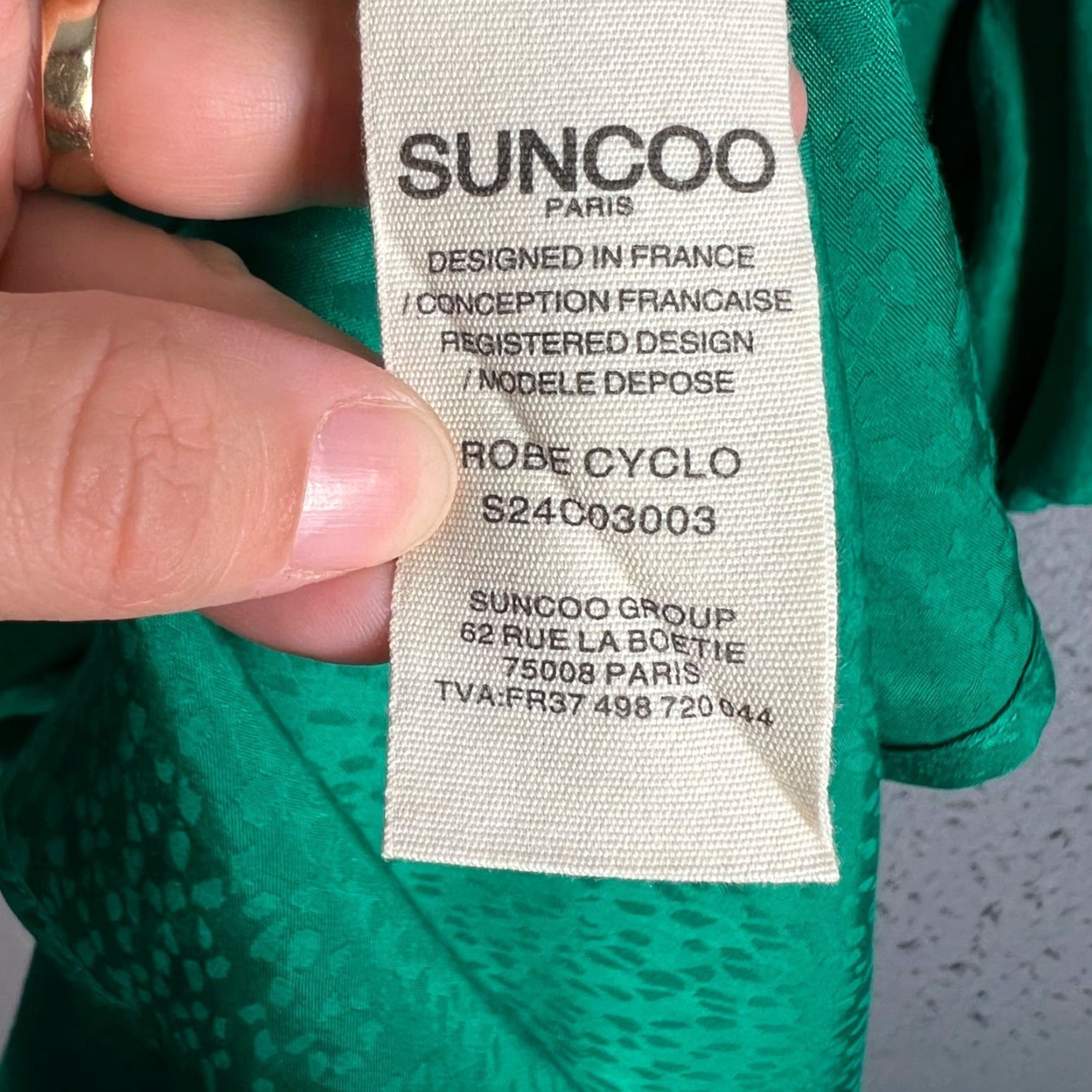Vintage SUNCOO PARIS Green Midi Dress V-Neck Short Sleeve Knot Detail A-Line Size 2 Womens Size 26" / US 2 / IT 38 - 7 Thumbnail