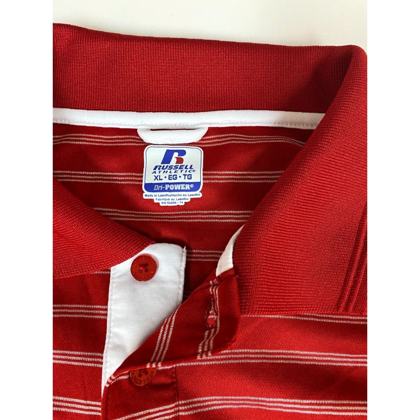 Vintage Russell Polo Shirt XL Red Striped Dri-Power Mens Short Sleeve Button-Down Collared 100% Cotton Sports Golf Breathable Athletic Logo Vintage No Size US XL / EU 56 / 4 - 4 Thumbnail