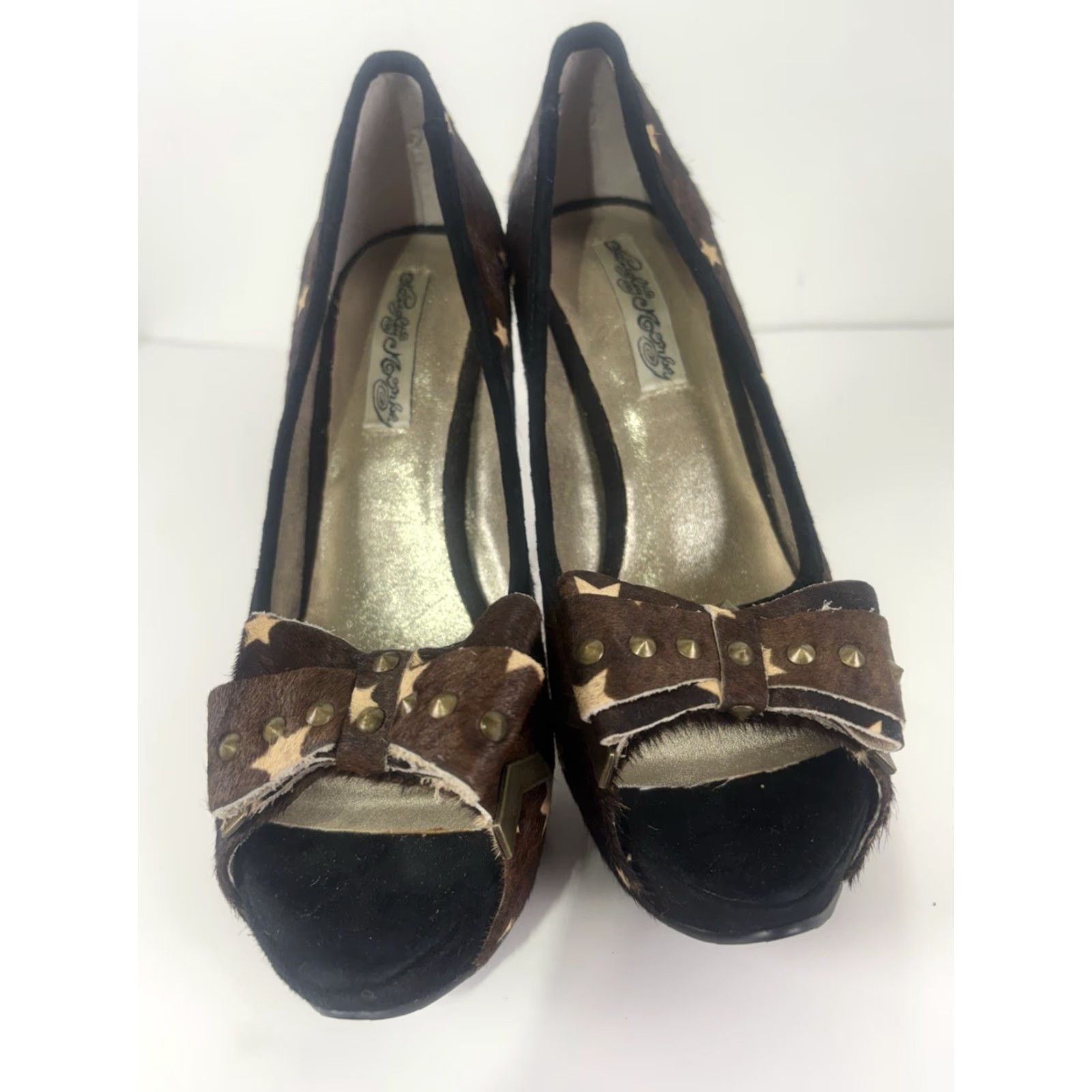 PONY Naughty Monkey Brown Pony Hair Open Toe Heels Womens Size 9.5 - Ultra High Stiletto Pumps with Bow & Stars - Party/Cocktail & Travel Size US 9.5 / IT 39.5 - 2 Thumbnail