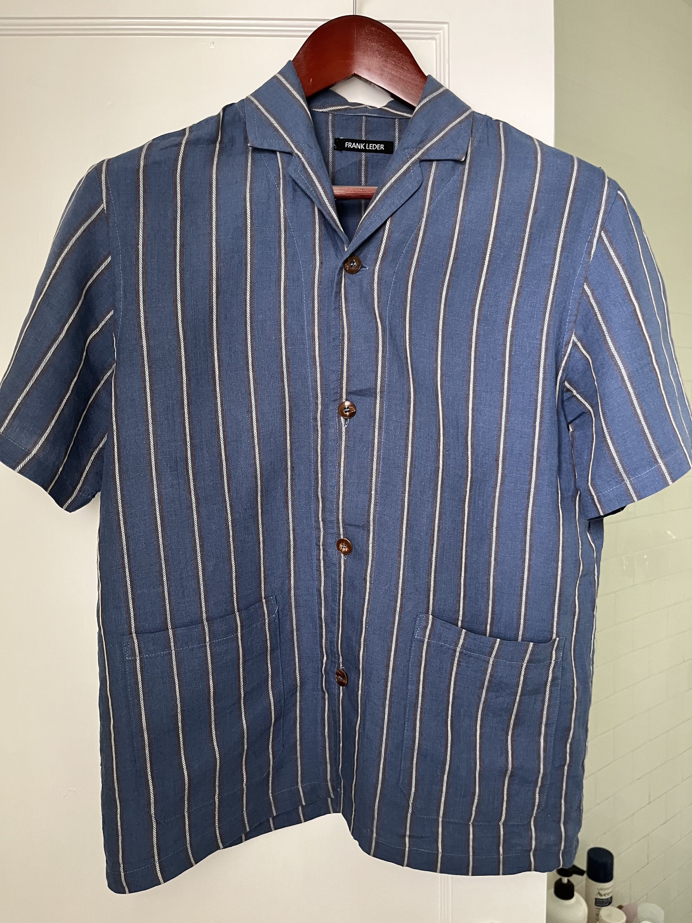 image of Frank Leder Deadstock Linen Camp Collar Shirt in Blue/Brown Stripe, Men's (Size Small)