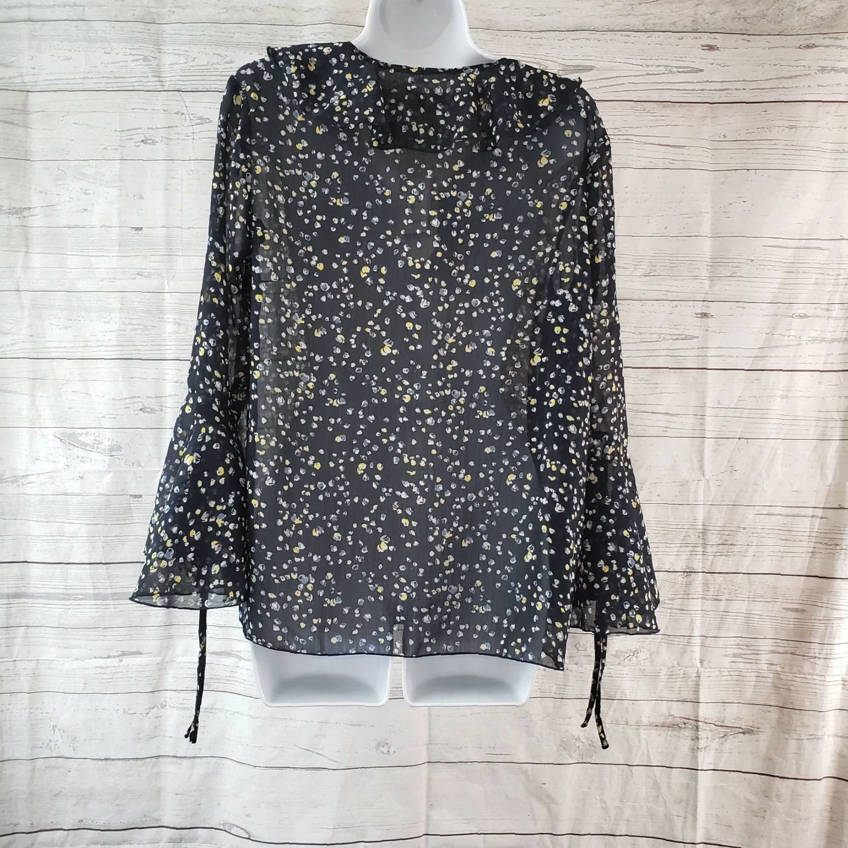 Vintage Vero Viva Blouse Womens Blue Yellow Floral Long Sleeve V-Neck Sheer Ruffle Sz 422024 Womens Size M / US 6-8 / IT 42-44 - 4 Thumbnail