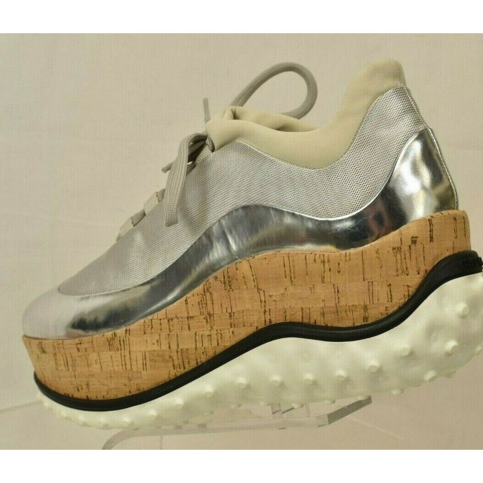 Miu Miu 5E281A SILVER PATENT LEATHER CORK PLATFORM SNEAKERS 40.5 Size US 10.5 / IT 40.5 - 6 Thumbnail