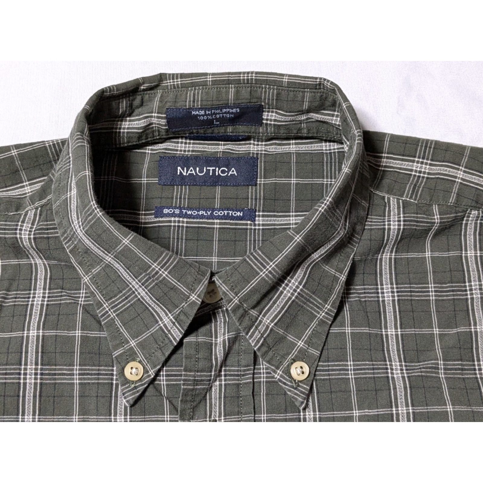 Nautica VTG Nautica 80s Two-Ply Cotton Men Large Green Plaid Button Short Sleeve Shirt Size US L / EU 52-54 / 3 - 4 Thumbnail