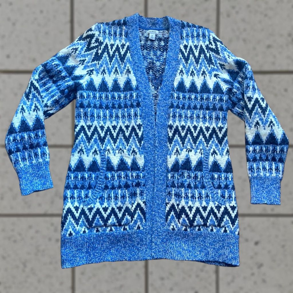 Vintage L.L. Bean Cardigan Sweater Womens Medium Blue Fair Isle Open Cotton Knit" Size M / US 6-8 / IT 42-44 - 1 Thumbnail