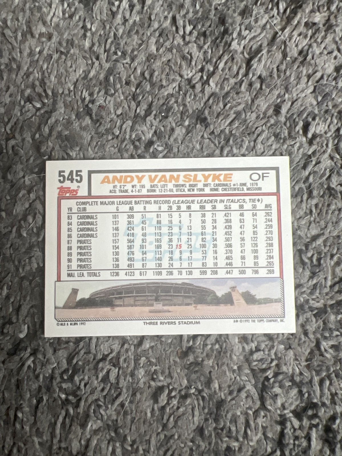 MLB 1992 Topps #545 Andy Van Slyke Card Size ONE SIZE - 2 Thumbnail