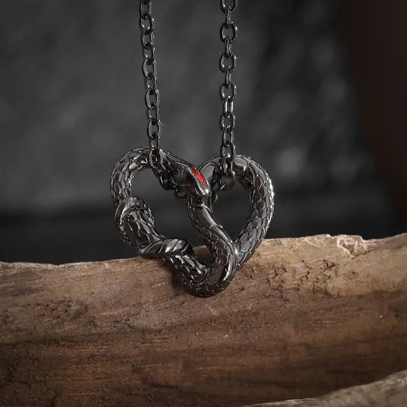 Jewelry Black Heart Shaped Ouroboros Pendant Necklace Size ONE SIZE - 1 Thumbnail