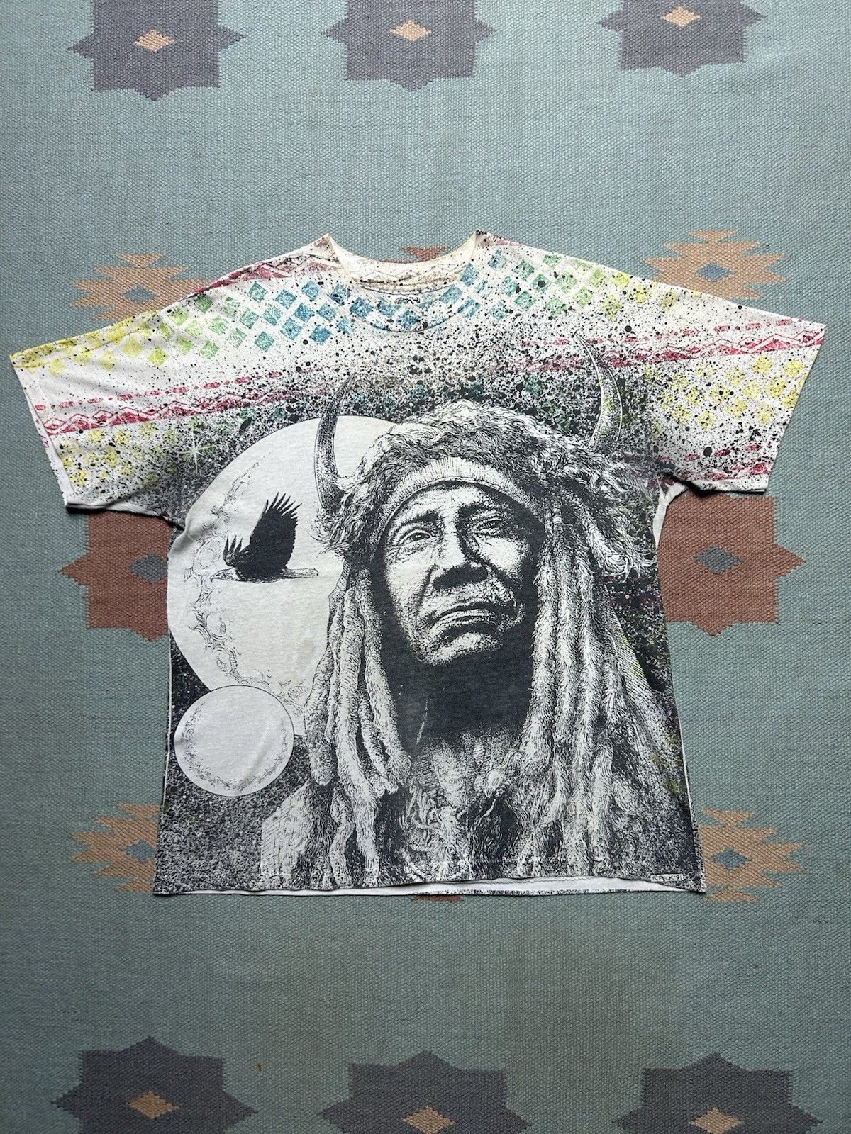 Vintage VTG 90s all over print t shirt Native American eagle AOP L Size US L / EU 52-54 / 3 - 1 Thumbnail