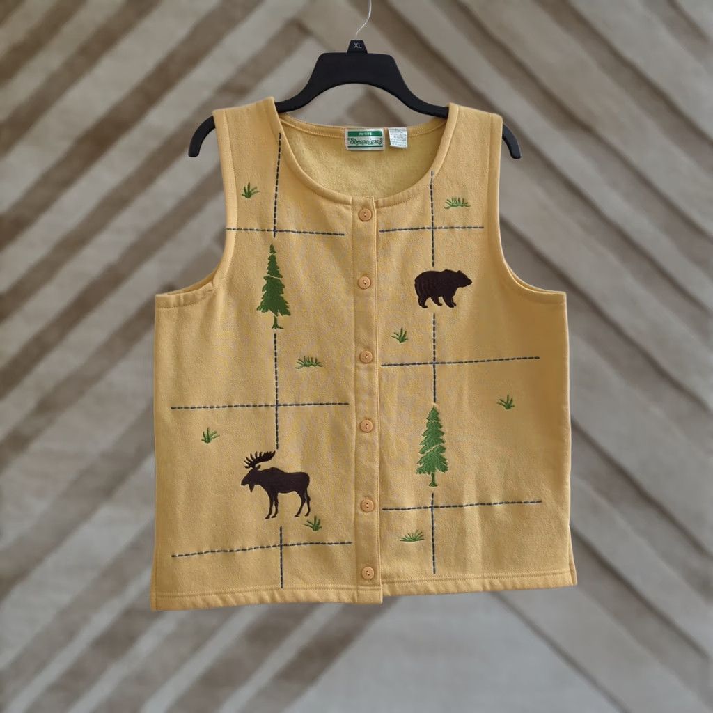 Vintage Shenanigans Vest 90s Yellow Sleeveless Petite Women PS Animal Embroidered Cottagecore Tree Size S / US 4 / IT 40 - 1 Thumbnail