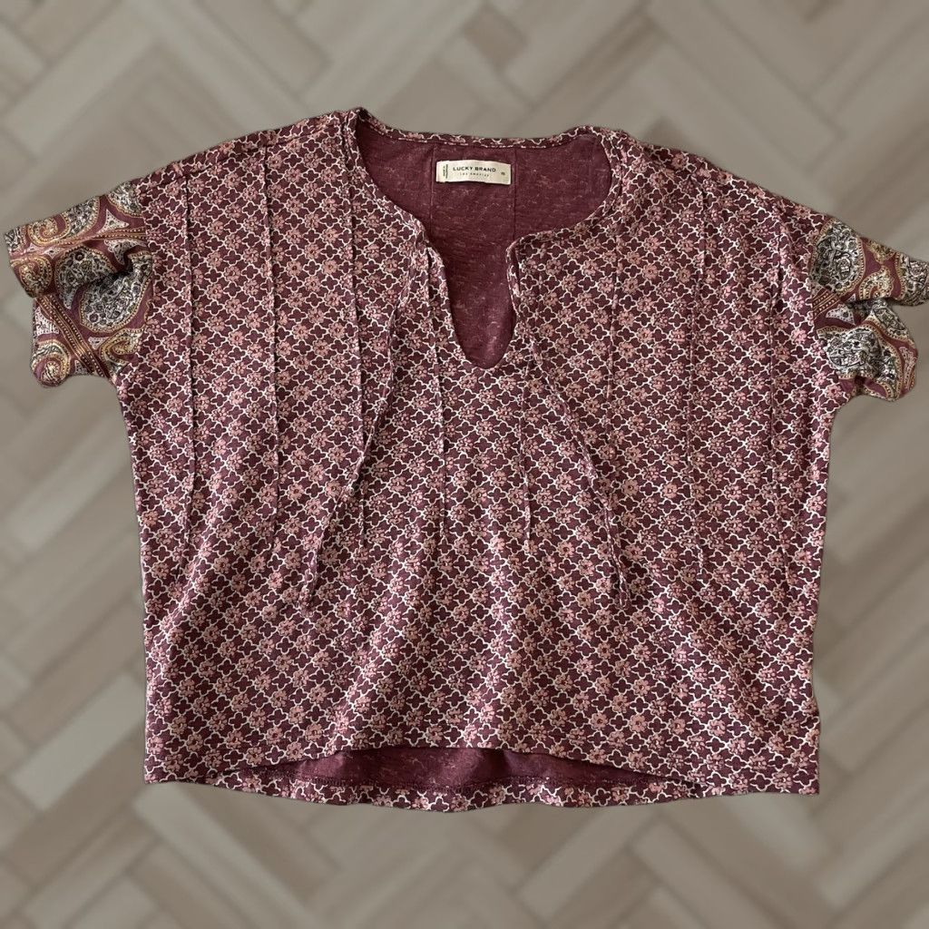 Lucky Brand Lucky Brand Boho Floral Short Sleeve Top Women's XS Red Blouse Floral Womens XS 2000s? Size XS / US 0-2 / IT 36-38 - 1 Thumbnail