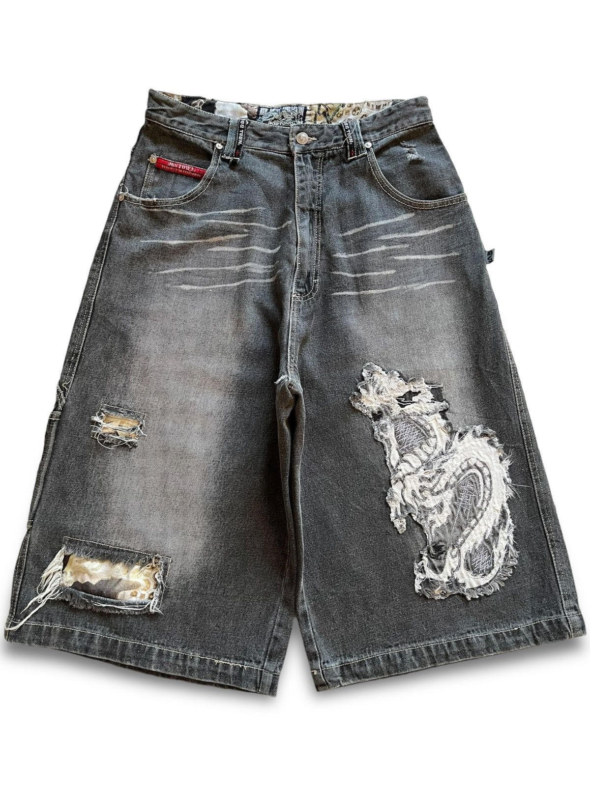 image of Avant Garde x Distressed Denim Vintage Baggy Dogtown Black Dragon Embroidered Skate Jeans in Black 