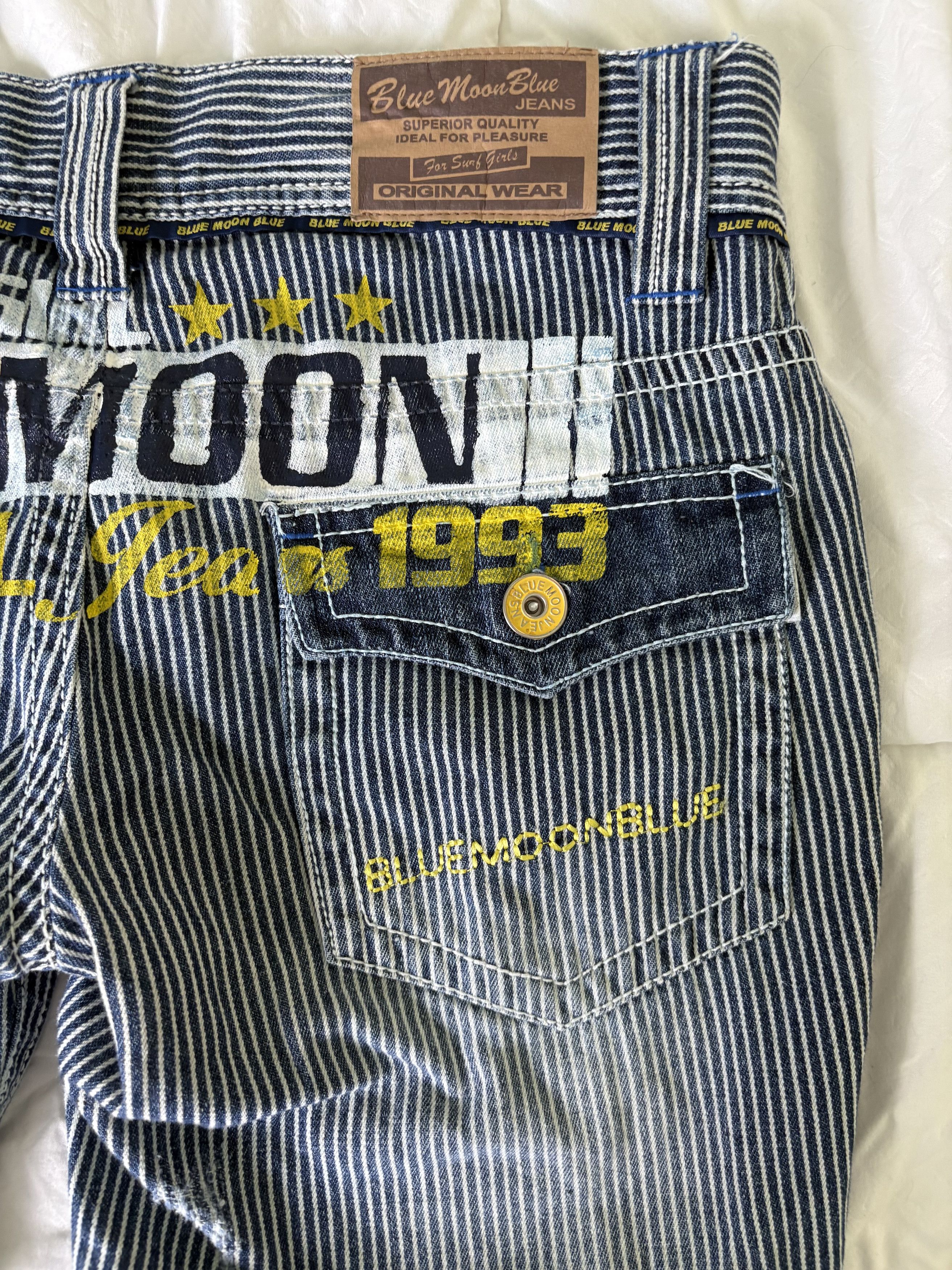 Japanese Brand Blue Moon surf jeans, Blue hickory stripe distressed denim Size US 28 / EU 44 - 2 Thumbnail