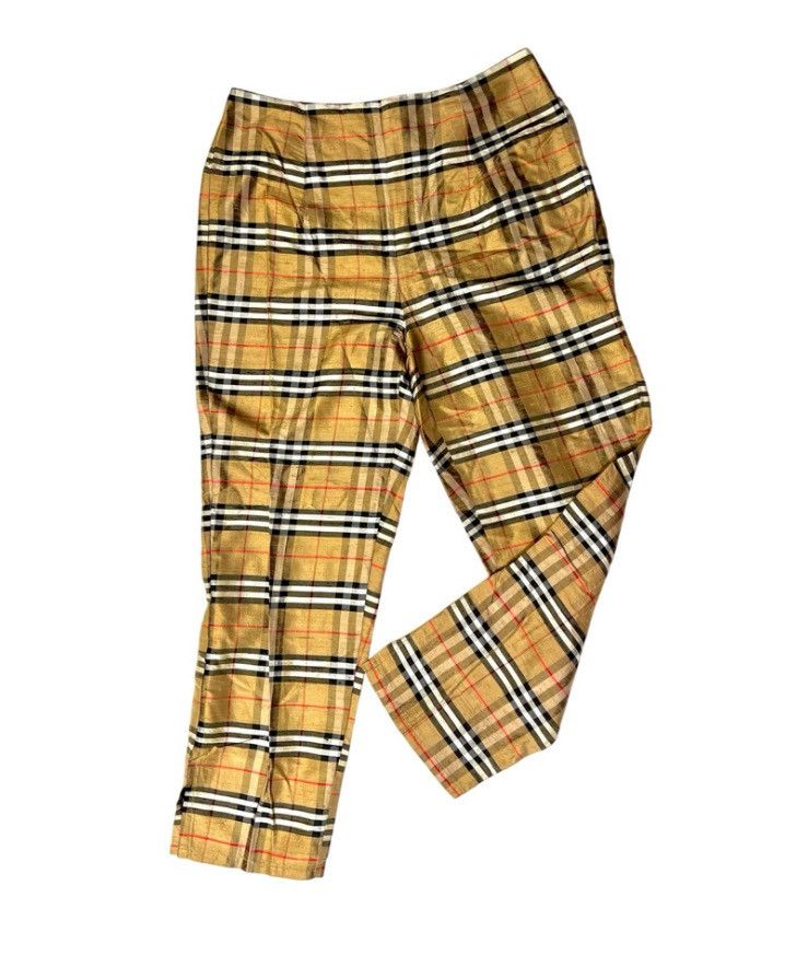 Other Vintage Karen Warren Raw Silk Gold Plaid Check Pants Size 6 Size 28" / US 6 / IT 42 - 1 Thumbnail