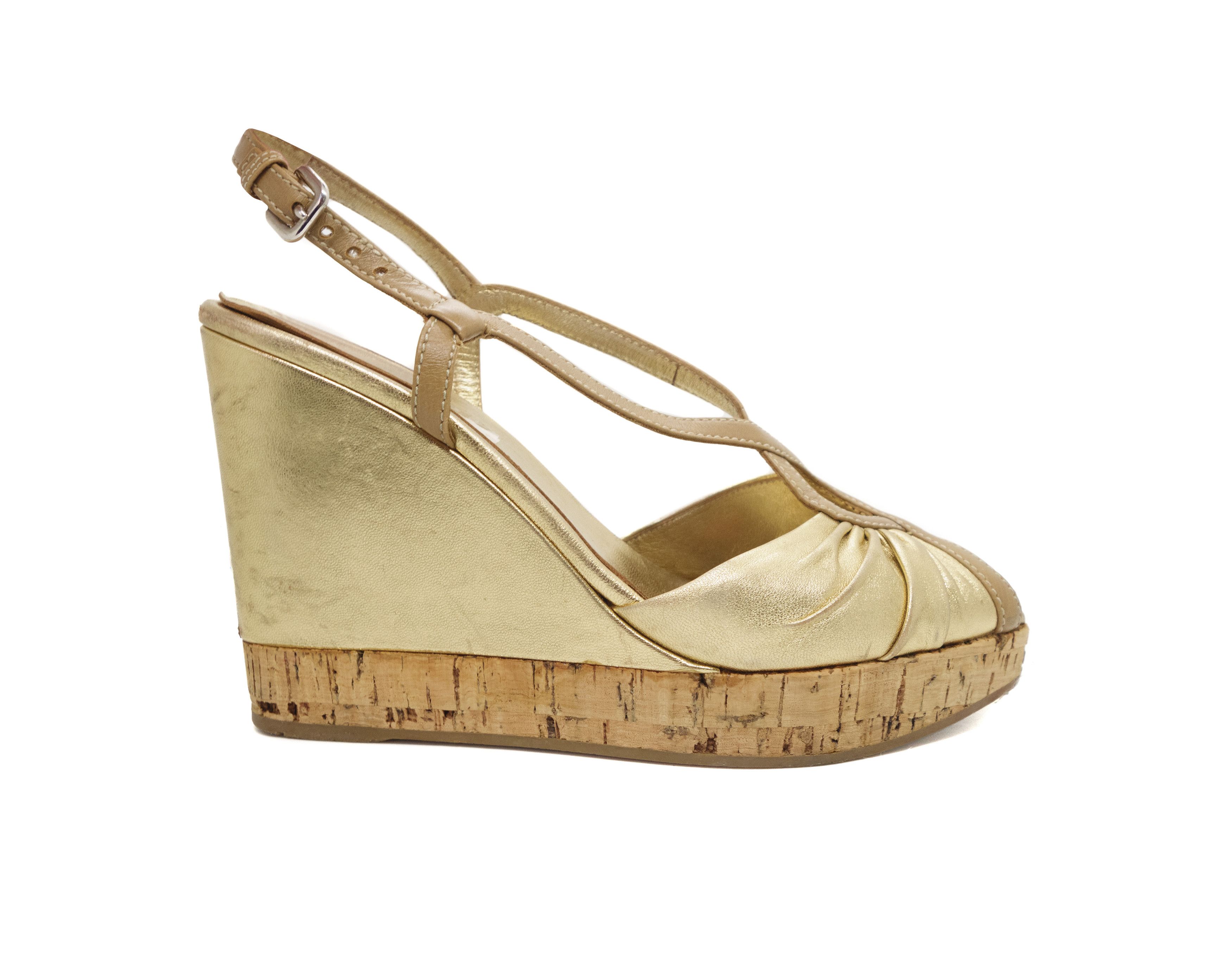 Prada 00s Metallic Cork Wedge Strappy Peep Toe Heels y2k Size US 9 / IT 39 - 1 Thumbnail