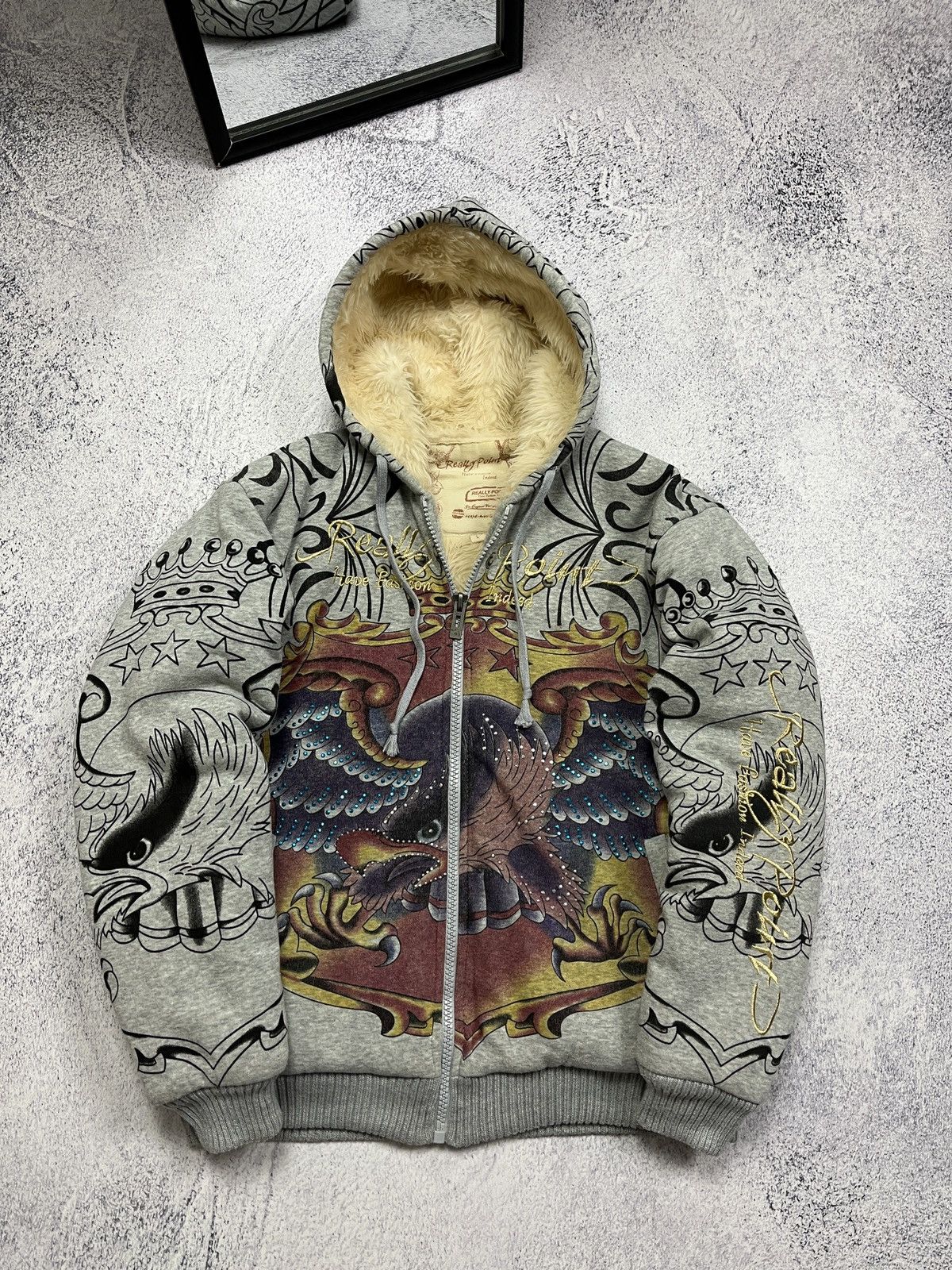 Pre-owned Avant Garde Really Point Ed Hardy Style Crazy Zip Hoodie Dragon Y2k