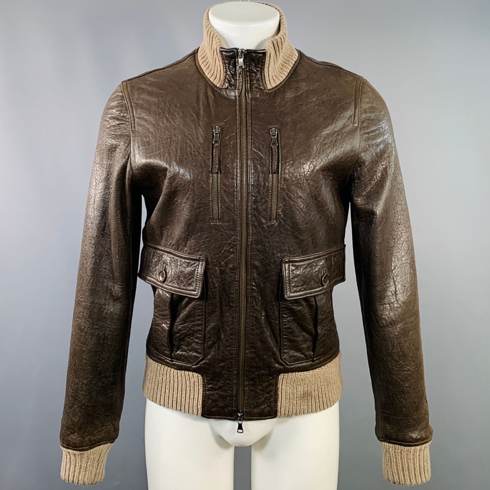 Daniele Alessandrini Size S Brown Ribbed Leather Bomber Jacket Size US S / EU 44-46 / 1 - 1 Thumbnail
