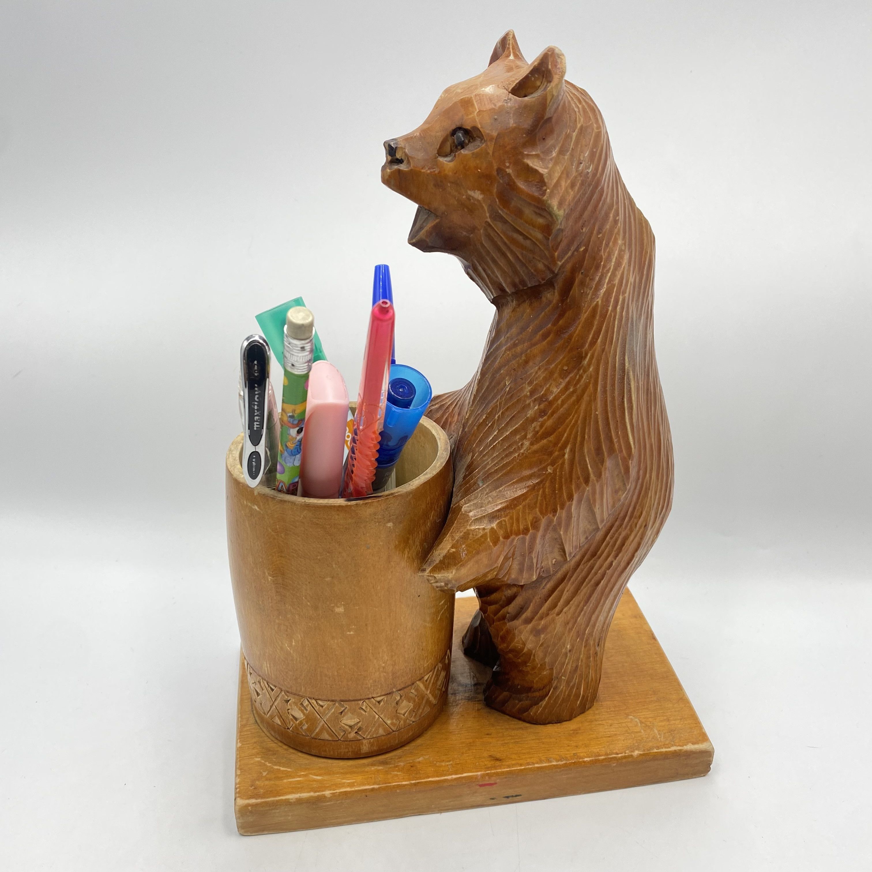 Vintage Vintage Hand Carved Wooden Bear with Barrel Pen Size ONE SIZE - 6 Thumbnail