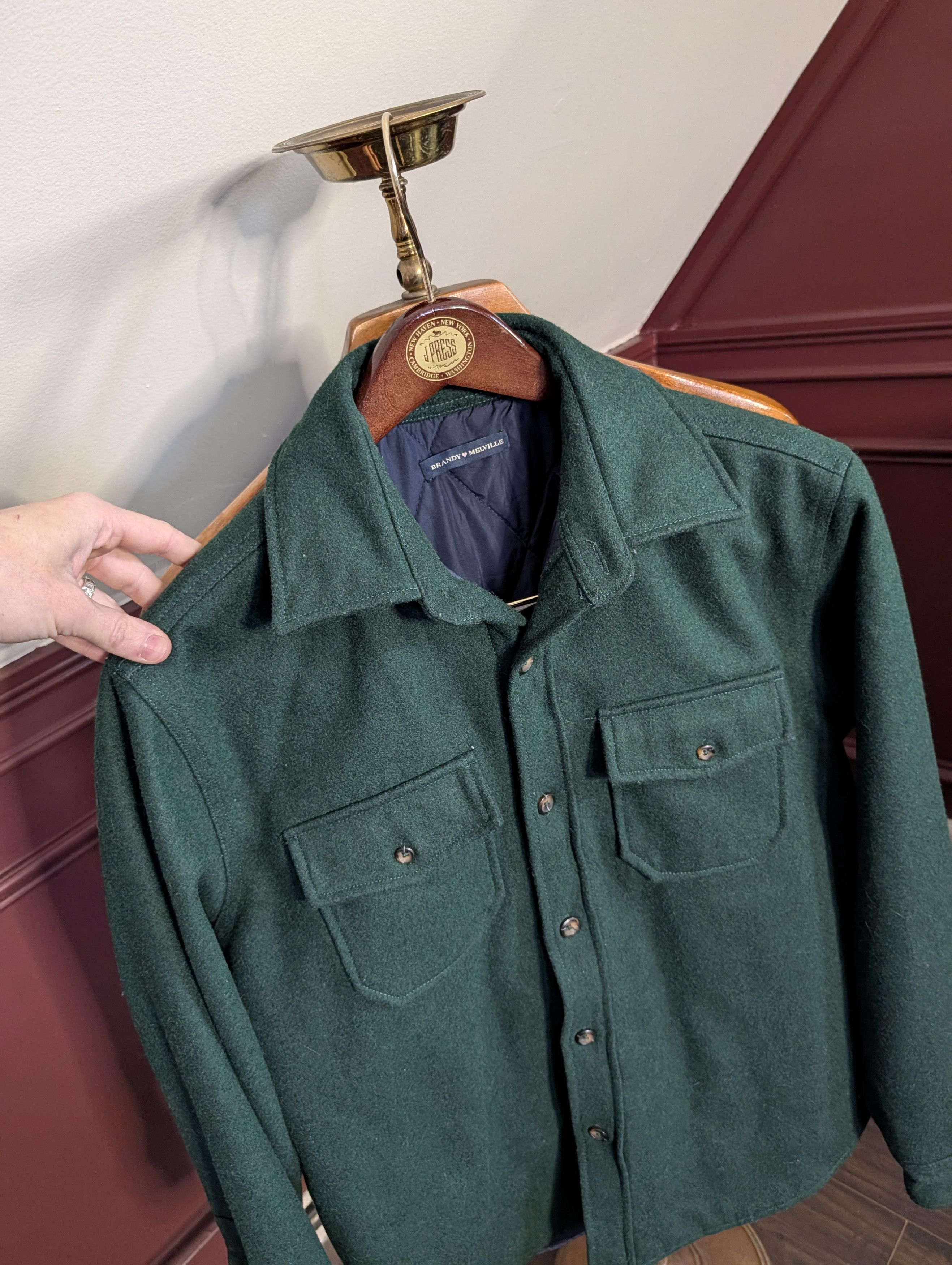 Brandy Melville Green wool quilted lining boyfriend fit short jacket Size ONE SIZE - 2 Thumbnail