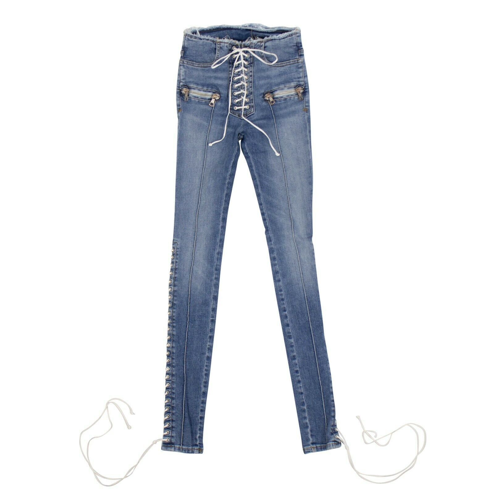 image of Unravel Project Denim Blue Cotton Lace Up Skinny Jeans Pants Size 24, Women's