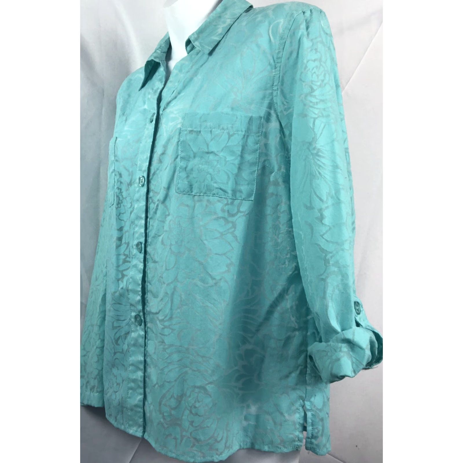 Vintage Sag Harbor Blouse Shirt Womens Large Aqua Floral Roll Tab Sleeve Collared Button Basic Beach Tropical Summer Florida Lightweight Casual Size L / US 10 / IT 46 - 4 Thumbnail