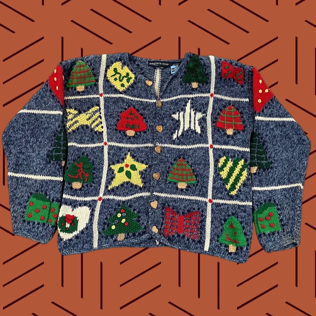 Vintage Eagles Eye Christmas Sweater Womens Small Knit Tree Stars Blue Button Pullover Size S / US 4 / IT 40 - 1 Thumbnail