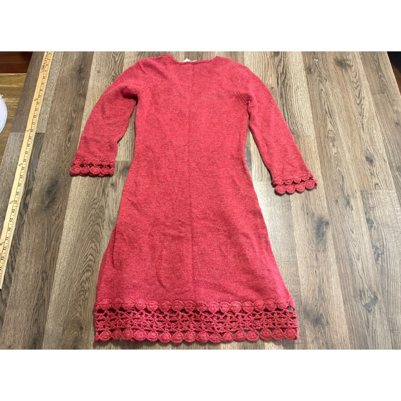 Vintage Nick & Me Dress Women's Size Small Red V-Neck Long Sleeve Crochet Dress Size S / US 4 / IT 40 - 2 Thumbnail