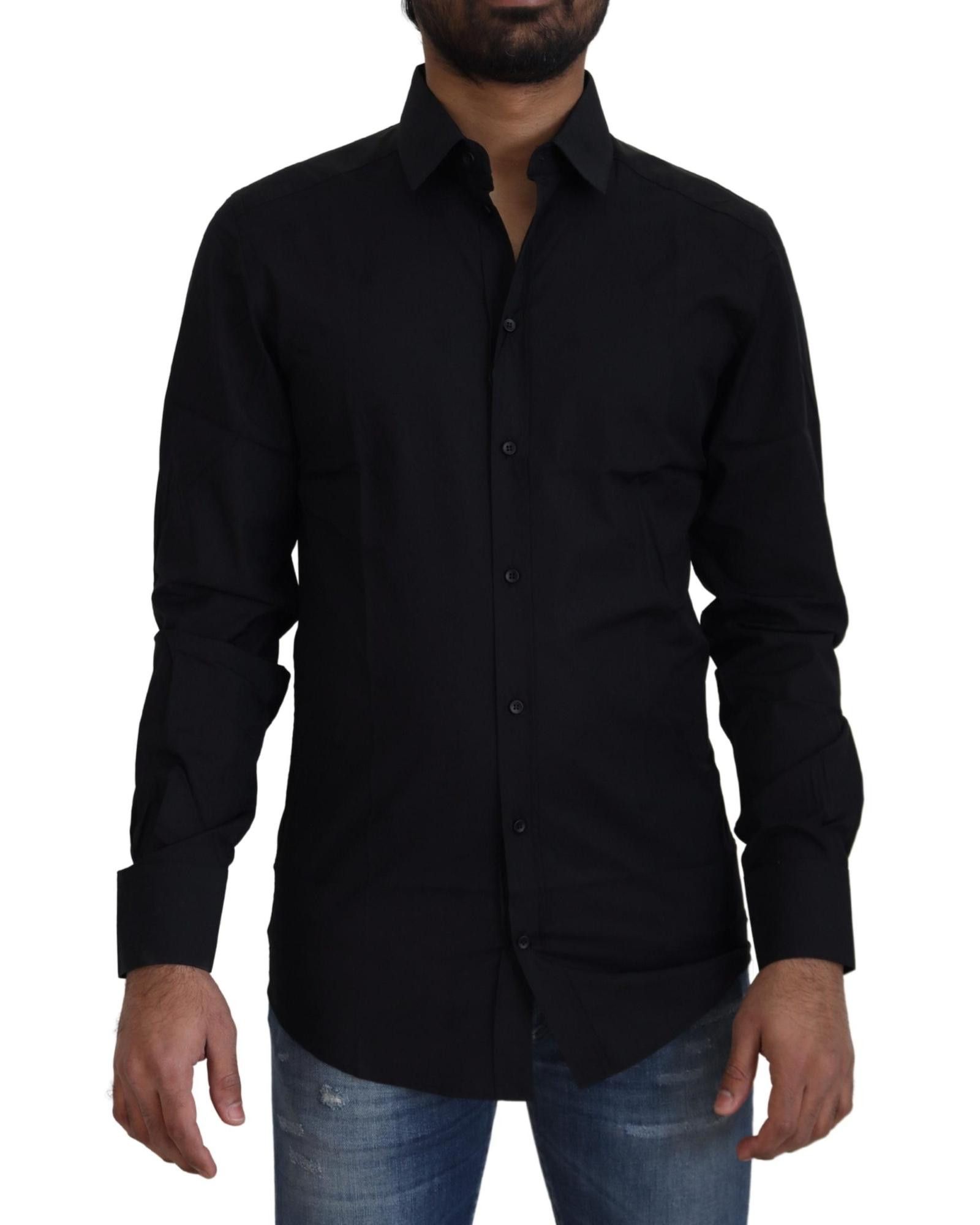 image of Dolce Gabbana Cotton Slim Fit Formal Dress Shirt in Black, Men's (Size XS)