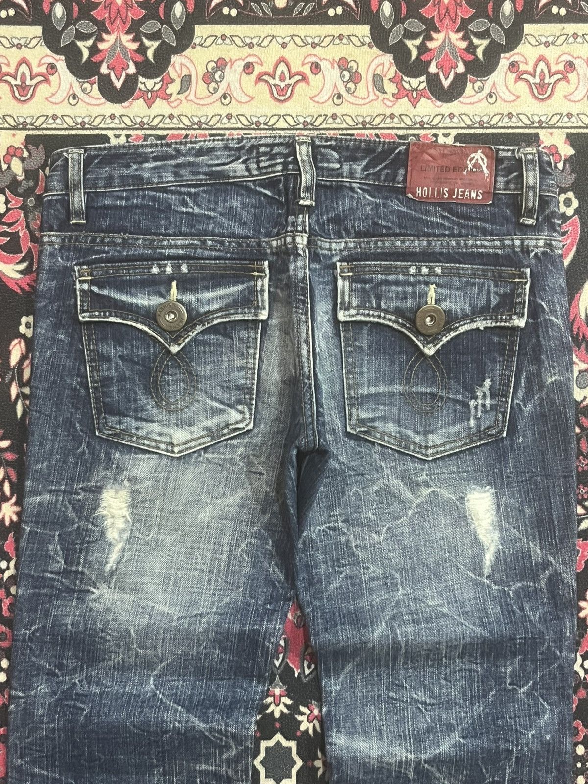 If Six Was Nine Japanese Brand Hollis Blue Cracked Washed Ripped Flare Jeans Size 28" / US 6 / IT 42 - 6 Thumbnail