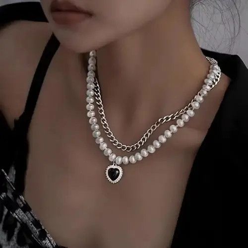 Other Double Layer Steel Pearl Black Heart Pendant Necklace Size ONE SIZE - 4 Thumbnail
