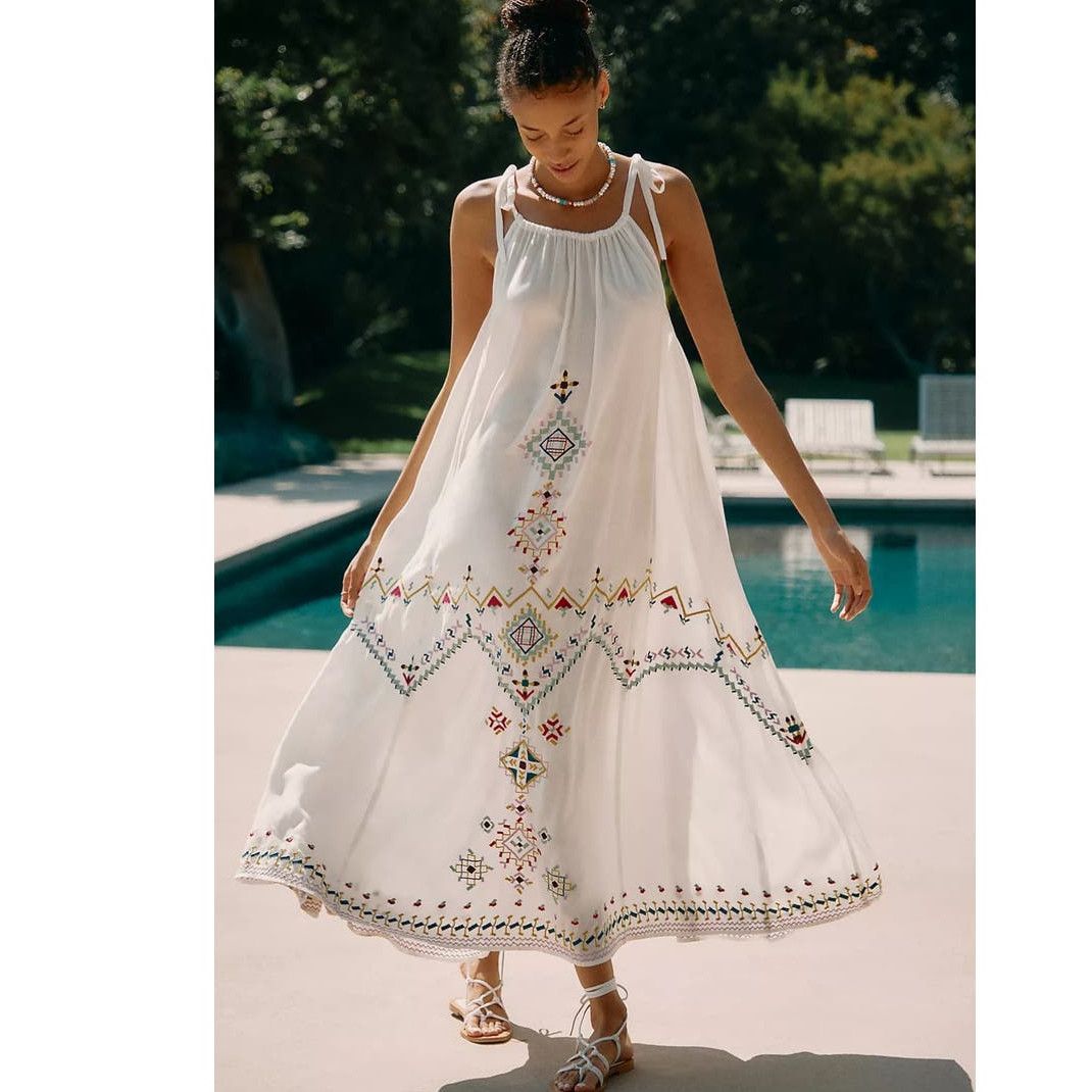 image of New By Anthropologie Embroidered Maxi Dress $138 Small Ivory in Cream, Women's