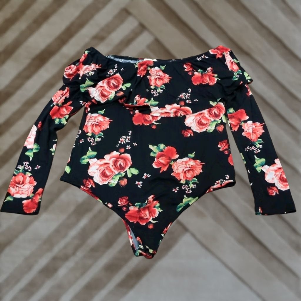 Vintage Marci Blouse 2XL Black w/ Flowers Long Sleeve Ruffled Bodysuit Women's Club Feminine Party Nightwear Dressy Shirts Size XXL / US 16-18 / IT 52-54 - 1 Thumbnail