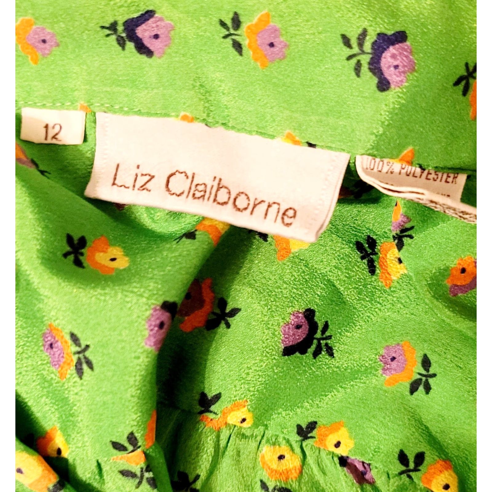 Liz Claiborne VINTAGE Liz Claiborne Shirt 12 Adult Regular Green Floral 1970s Silky Polyester Womens Size XL / US 12-14 / IT 48-50 - 4 Thumbnail