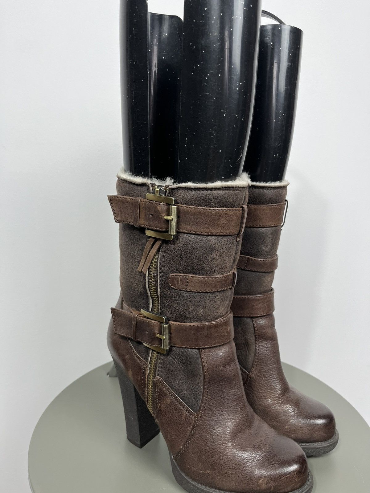 Other Women Brown Leather Buckle High Heel Boots Shearling EU 38 Size US 7 / IT 37 - 2 Thumbnail