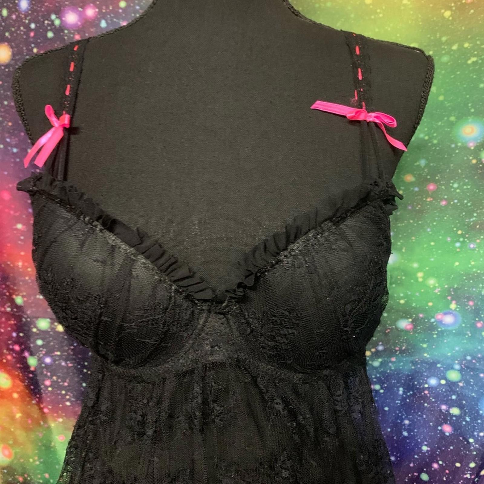 Designer Black Chemise with Lace Trim and Sheer Skirt Size ONE SIZE - 2 Thumbnail