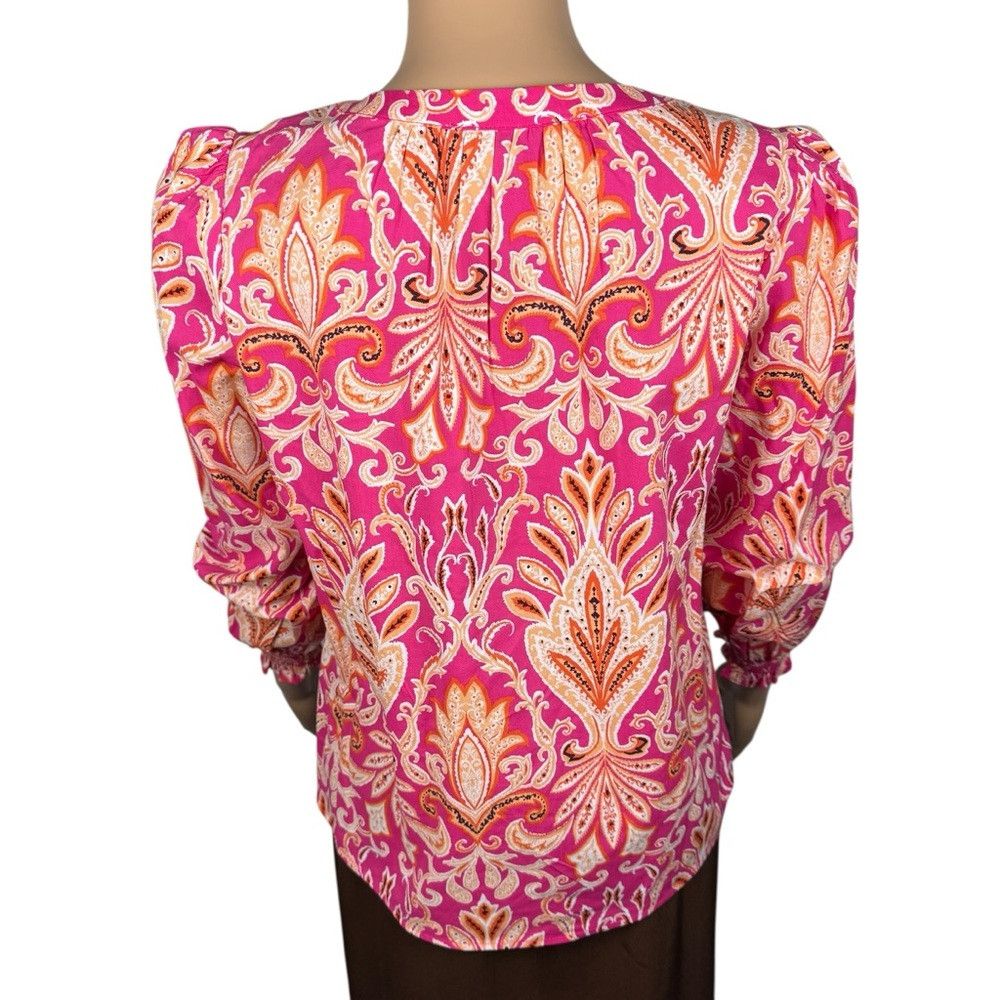Loft NWT New LOFT Paisley Smocked Cuff V-Neck Cotton Blend Blous Size XS / US 0-2 / IT 36-38 - 5 Thumbnail