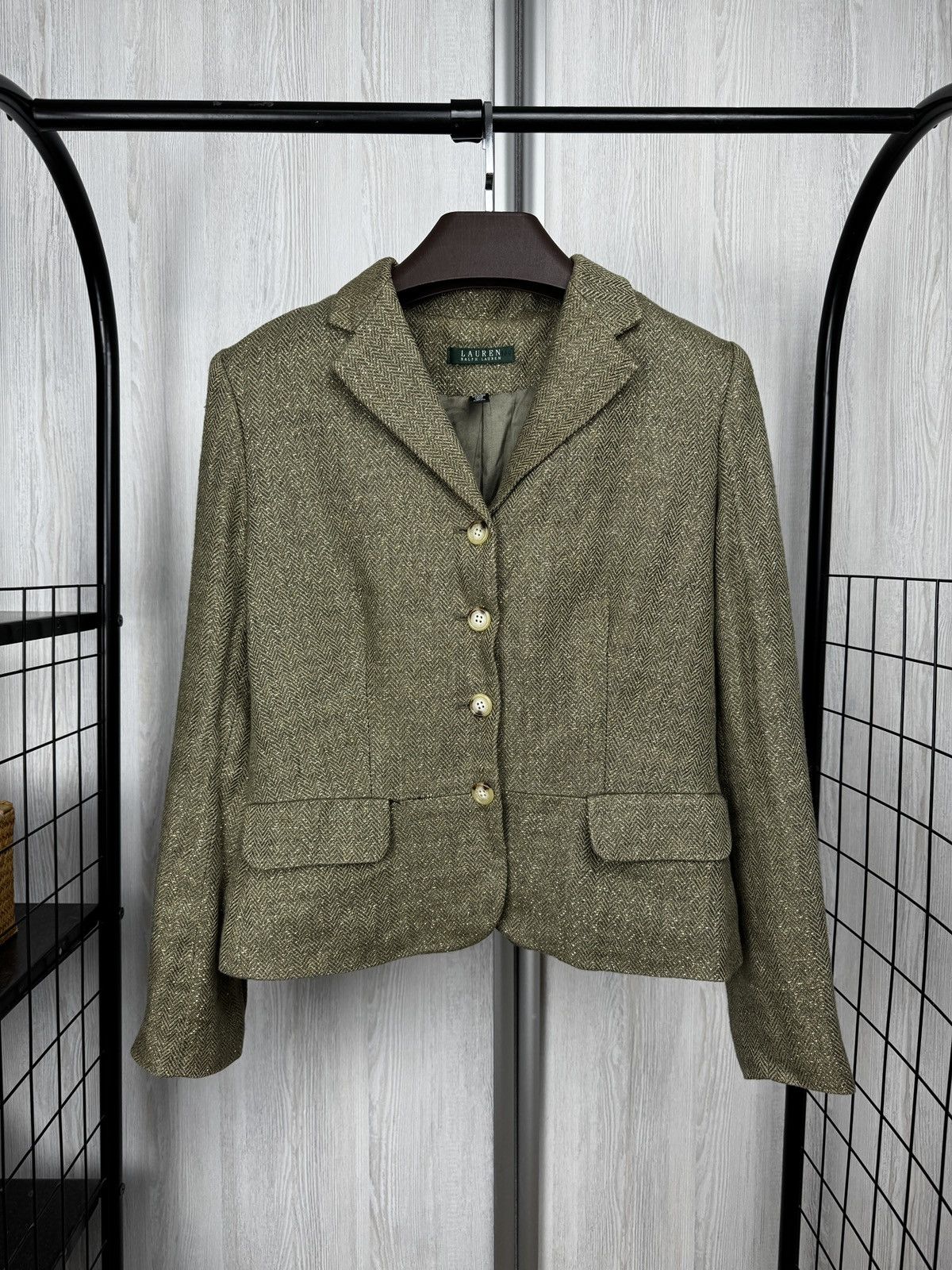 Lauren Ralph Lauren Ralph Lauren Green Gold Metallic Herringbone Blazer Linen Size M / US 6-8 / IT 42-44 - 1 Thumbnail
