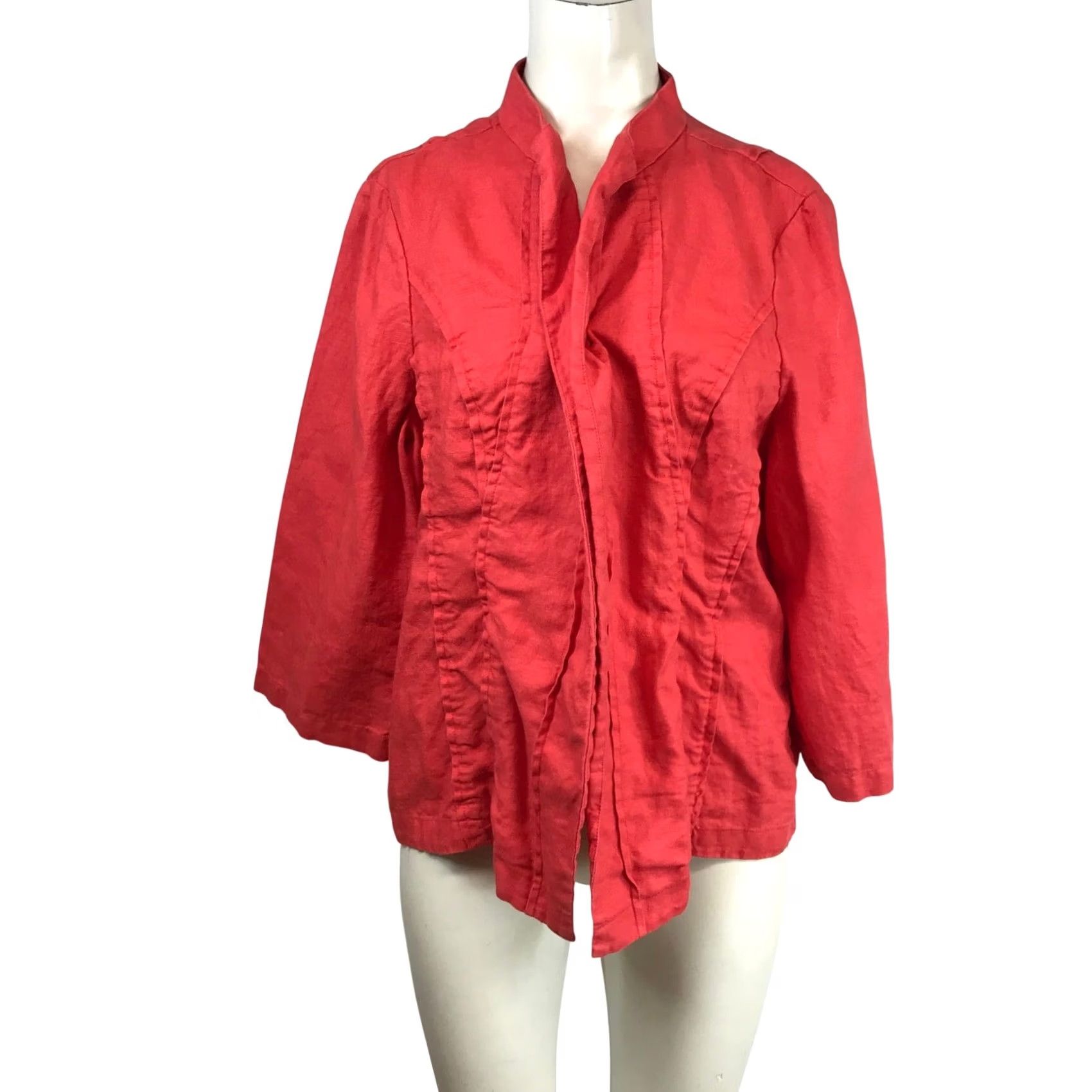 Vintage Chicos Red 100% Linen Jacket Size L Mandarin Collar Open Front Raw Edge Seam Womens Size L / US 10 / IT 46 - 2 Thumbnail